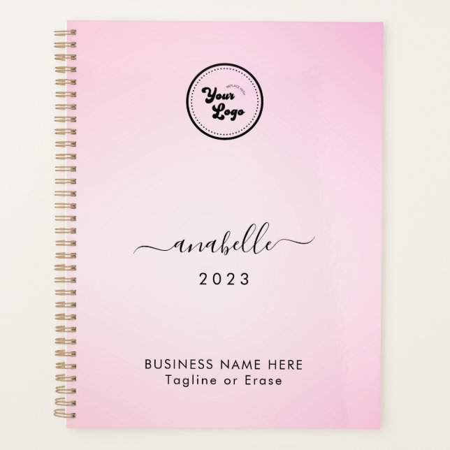 Pink Gradient Add Name Year Custom Business Logo Planner (Front)