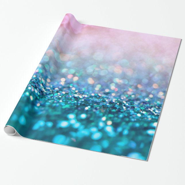 Pink Gradient Blue Teal Sparkle Trendy Glitter Wrapping Paper (Unrolled)