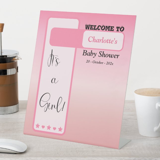 Pink Gradient Cute Eyeball Baby Shower Welcome Pedestal Sign (In SItu)
