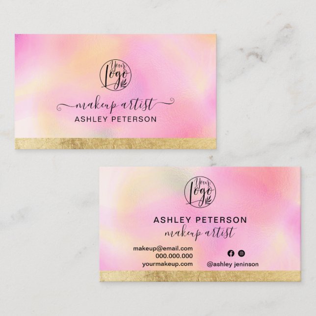 Pink gradient gold foil stripe chic logo makeup business card (Front/Back)