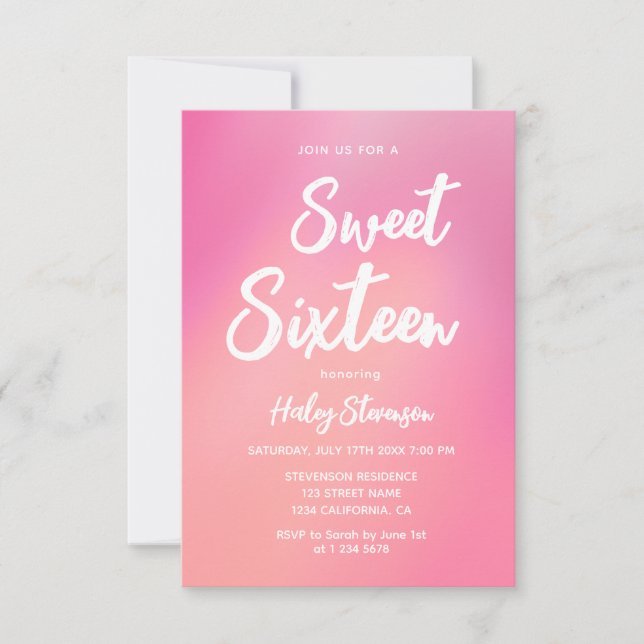Pink Gradient Modern Trendy Sweet 16 Birthday Invitation (Front)