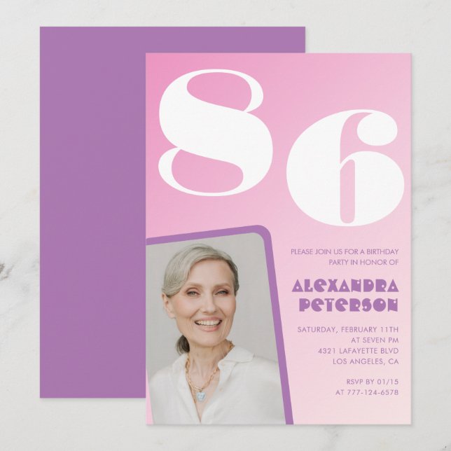 Pink Gradient Photo 86th birthday Invitation (Front/Back)