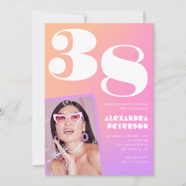 Pink Gradient Retro Photo 38th birthday Invitation (Front)