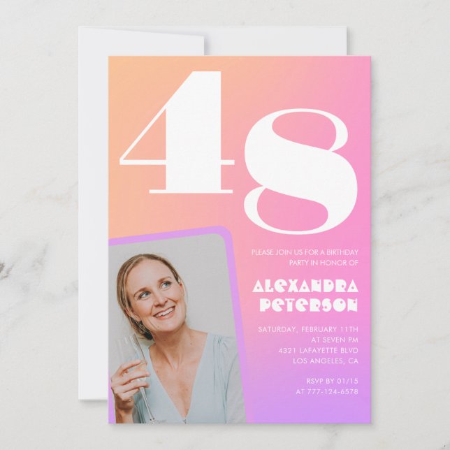 Pink Gradient Retro Photo 48th birthday Invitation (Front)