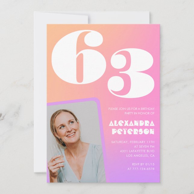 Pink Gradient Retro Photo 63rd birthday Invitation (Front)