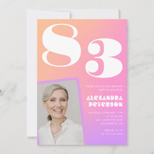 Pink Gradient Retro Photo 83rd birthday Invitation (Front)