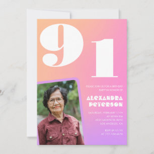 Pink Gradient Retro Photo 91st birthday Invitation