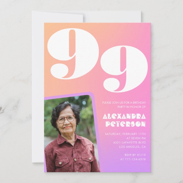 Pink Gradient Retro Photo 99th birthday Invitation (Front)
