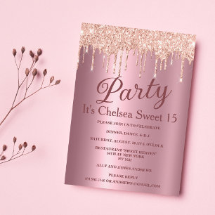 Pink gradient rose gold glitter drips Sweet 15 Invitation