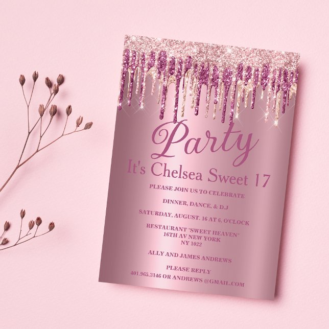 Pink gradient rose gold glitter drips Sweet 17 Inv Invitation (Pink gradient rose gold glitter drips Sweet 17)