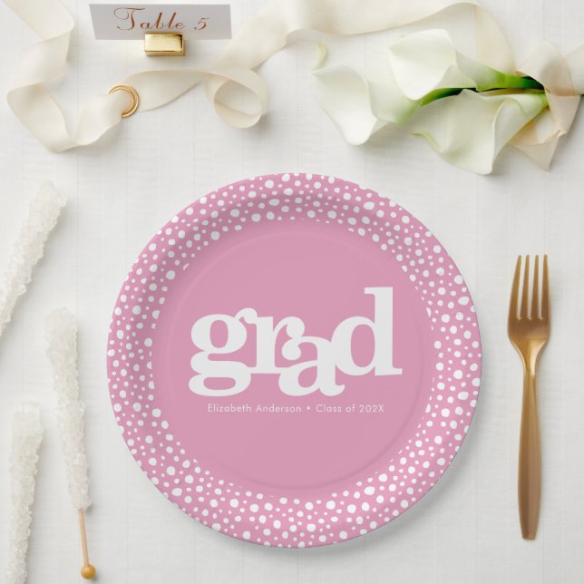 Pink graduation bold modern simple typography name paper plate (Wedding)