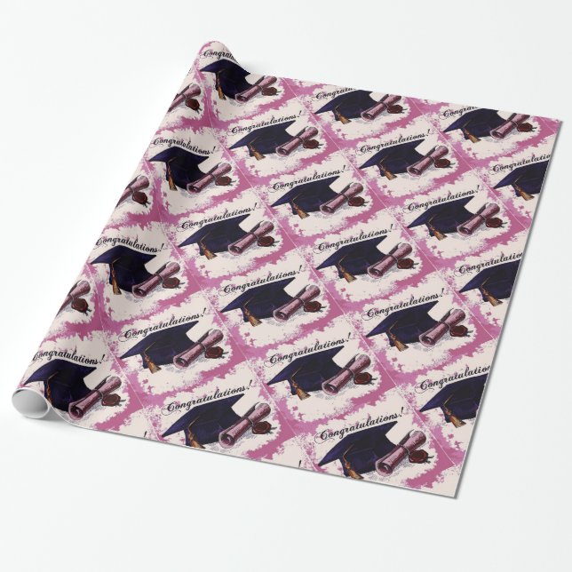 Pink Graduation Cap & Diploma Wrapping Paper (Unrolled)