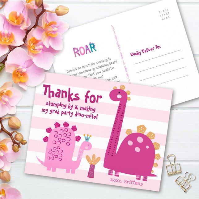 Pink Graduation Dinosaurs Girl Kawaii Thank You Postcard (Creator Uploaded)