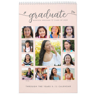 Pink Graduation K–12 Script Photo Collage 15 Month Calendar