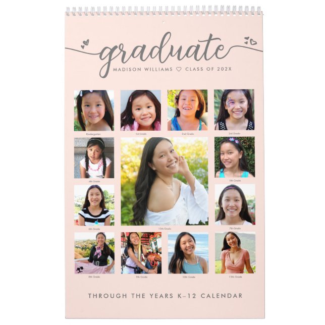Pink Graduation K–12 Script Photo Collage 15 Month Calendar (Cover)