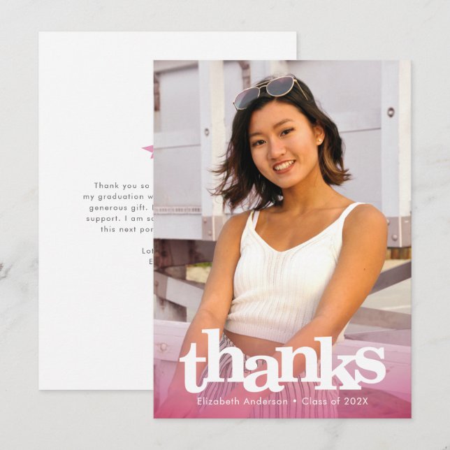 Pink graduation photo bold typography modern chic thank you card (Front/Back)