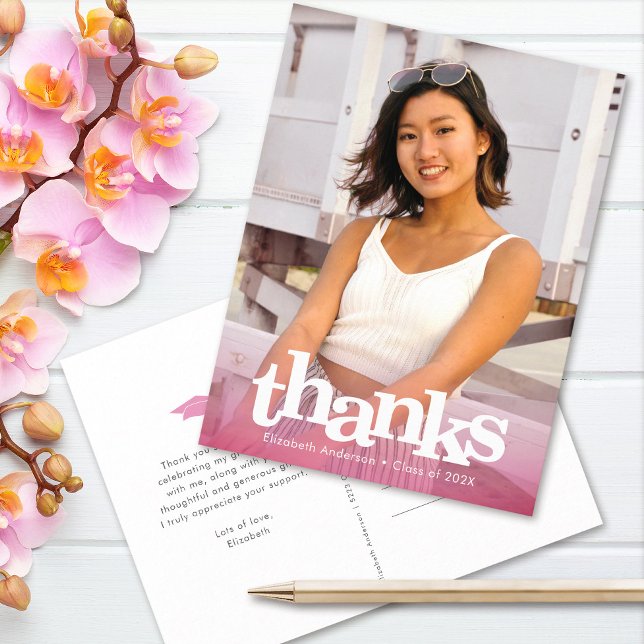 Pink graduation photo bold typography thank you postcard (Creator Uploaded)