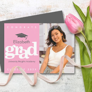 Pink graduation photo grey cap bold modern type  announcement