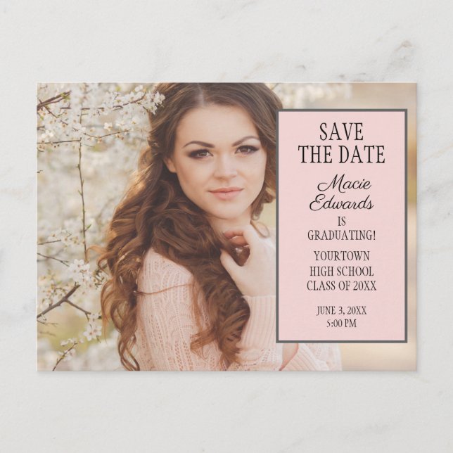 Pink Graduation Photo Save the Date Postcard (Front)