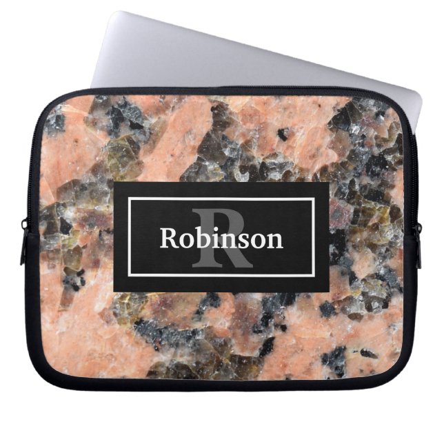Pink Granite Rock Texture with Name and Monogram Laptop Sleeve (Front)