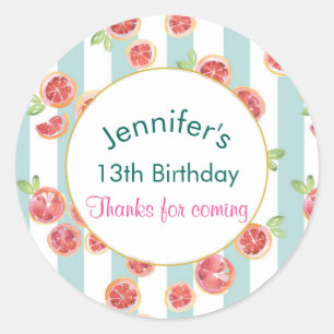 Pink Grapefruit Pattern on Green Stripes Birthday Classic Round Sticker