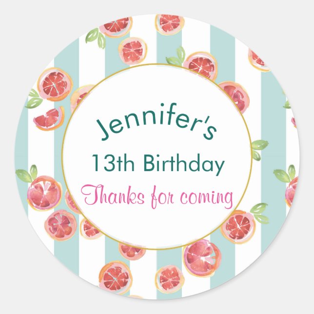 Pink Grapefruit Pattern on Green Stripes Birthday Classic Round Sticker (Front)