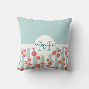 Pink Grapefruit Pattern on Green Stripes Monogram Cushion