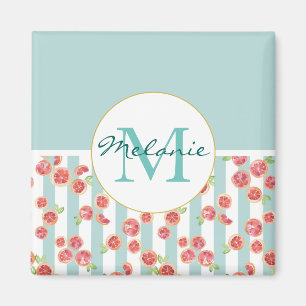Pink Grapefruit Pattern on Green Stripes Monogram Magnet