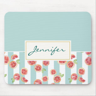 Pink Grapefruit Pattern on Green Stripes Mouse Mat