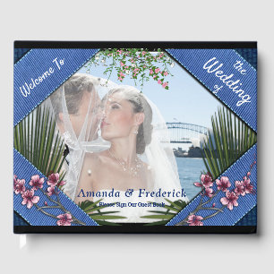 Pink Graphic Flowers on Blue-fabric texture Guest Book