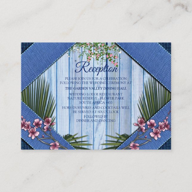Pink Graphic Flowers on Blue-wood-fabric Texture Enclosure Card (Front)