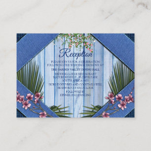 Pink Graphic Flowers on Blue-wood-fabric Texture Enclosure Card