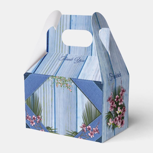 Pink Graphic Flowers on Blue-wood-fabric Texture Favour Box (Front Side)
