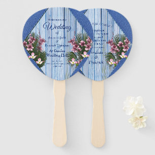 Pink Graphic Flowers on Blue-wood-fabric Texture Hand Fan