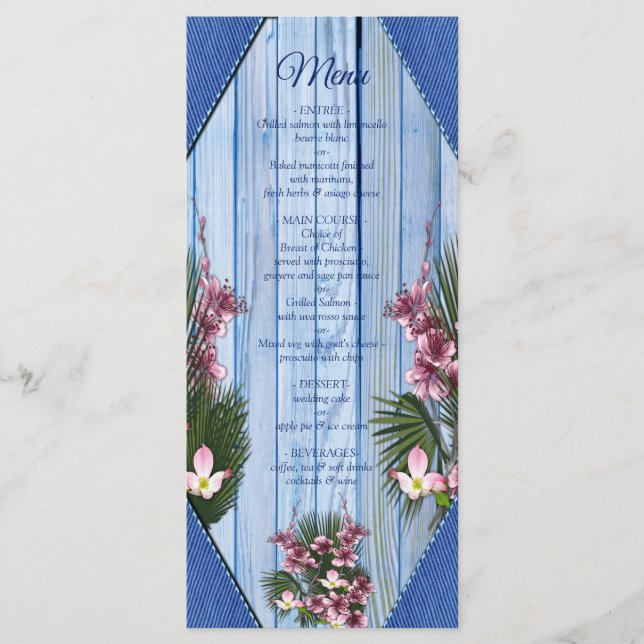 Pink Graphic Flowers on Blue-wood-fabric Texture Menu (Front)