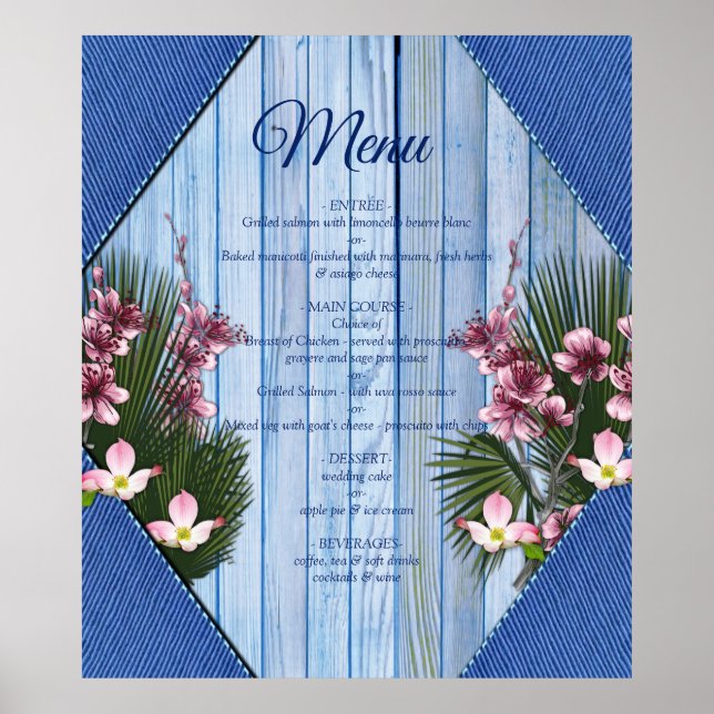 Pink Graphic Flowers on Blue-wood-fabric Texture Poster (Front)
