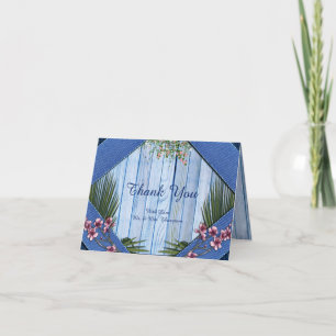 Pink Graphic Flowers on Blue-wood-fabric Texture Thank You Card