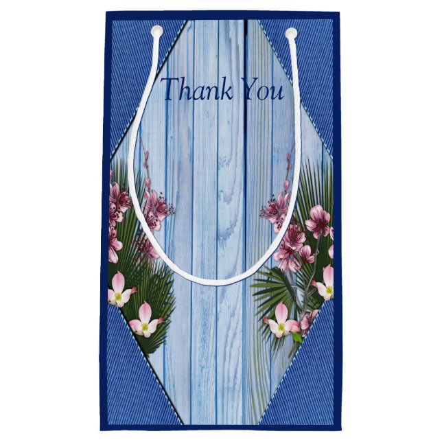 Pink Graphic Flowers on Blue-wood texture Gift Bag (Front)