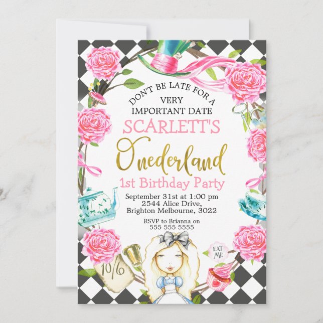 Pink Gray Alice In Onederland 1st Birthday Invitation (Front)
