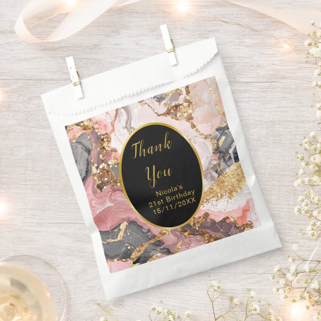 Pink, Gray and Gold Marble Agate Birthday Party Favour Bags (Clipped)