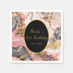 Pink, Gray and Gold Marble Agate Birthday Party Napkin
