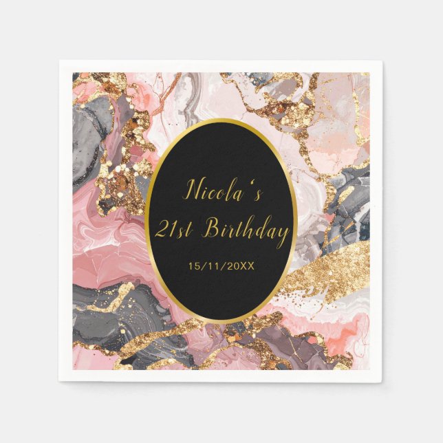 Pink, Gray and Gold Marble Agate Birthday Party Napkin (Front)