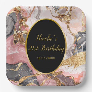 Pink, Gray and Gold Marble Agate Birthday Party Paper Plate