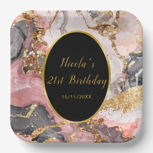 Pink, Gray and Gold Marble Agate Birthday Party Paper Plate (Front)