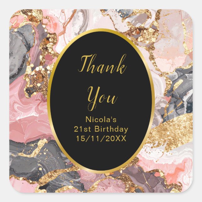 Pink, Gray and Gold Marble Agate Birthday Party Square Sticker (Front)