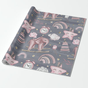 PINK & GRAY BABY GIRL TOYS HEARTS FLOWERS WRAPPING PAPER