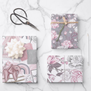 PINK & GRAY BABY GIRL TOYS HEARTS FLOWERS WRAPPING PAPER SHEET
