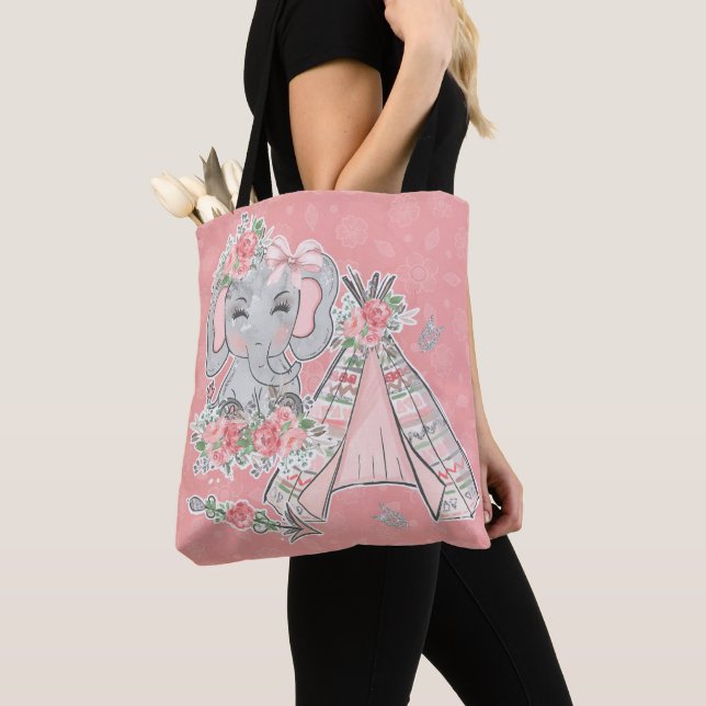 PINK & GRAY BOHO BABY ELEPHANT & DREAMCATCHER TOTE BAG (Close Up)