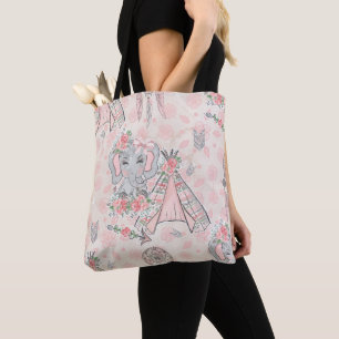 PINK & GRAY BOHO BABY ELEPHANT & DREAMCATCHER TOTE BAG