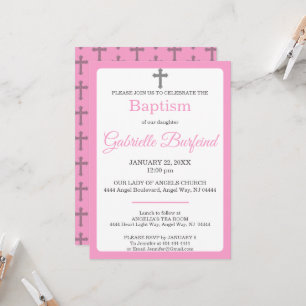 Pink & Gray Cross Watercolor Baptism Invitation